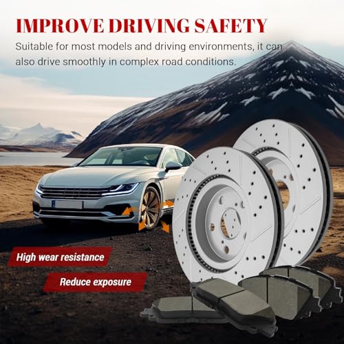 Front & Rear Drilled Slotted Rotors and Ceramic Disc Brake Pads Kit for Toyota Avalon 2019 2020 2021 2022/ Camry 2020 2021
