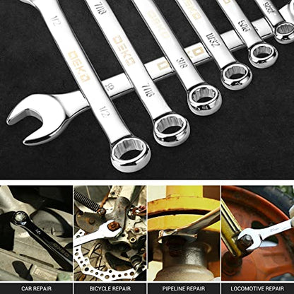 DEKOPRO Combination Wrench Set, SAE, 15-piece, 1/4'' to 1'', 12-Point, Chrome Vanadium Steel, with Plastic Tray - size: 15-Piece (SAE: 1/4-1 in)