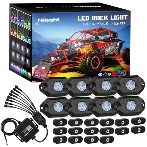 Nilight RGB LED Rock Lights Kit 8PCS Bluetooth App Control Multicolor - color: RGB 3LED w/Magnetic base, size: 8 Pods