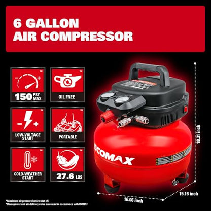 ECOMAX 6 Gallon Pancake Air Compressor 150PSI, 2.6 CFM @ 90 PSI Red