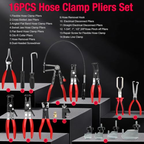 BETOOLL Hose Clamp Pliers 16PCS, Hose Clamp Removal Tool Kit with Long Reach & Flexible Wire Tools for Radiator, Heater, Coolant & Water Hoses - color: Red, size: 16pcs