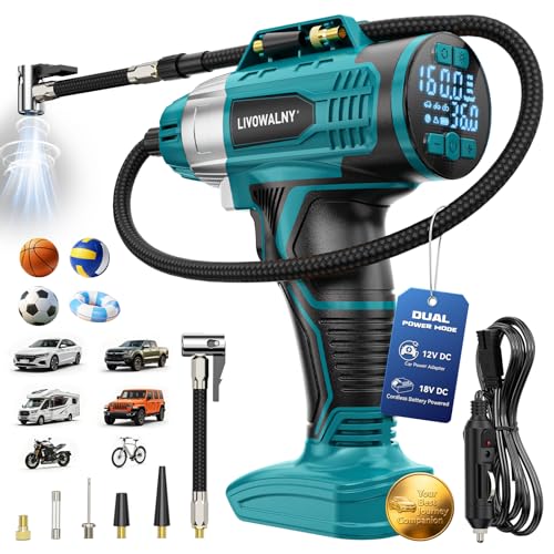 160PSI Cordless Tire Inflator Portable Air Compressor Compatible with Ma-kita 18V Battery, LIVOWALNY 12Ft Cord-12V DC-Powered Air Pump with Digital Pressure Gauge, Auto Shut-Off for Car (Tool Only) - color: Blue