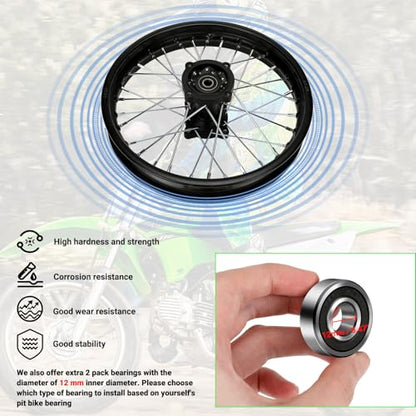 1.85x14 Rear Wheel Rim and 12mm Bearings Strip Kit fit 90/100-14 3.00-14 14 Inch Dirt Pit Bike Tire KLX125 KX85 TTR125 YZ80 RM80 Taotao DB17 SR150 DR90 Apollo 125 Motorcycle Parts (15mm Axle)