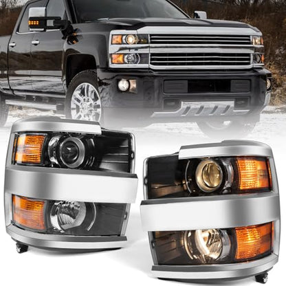 Headlight Fit for Chevy Silverado 2500HD 3500HD 2015-2019 Pair - color: Chrome Housing, size: Left & Right