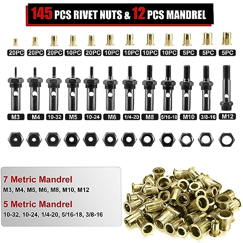 AOBEN 16" Rivet Nut Tool, Professional Hand Rivet Nut Setter Kit with 12 Interchangeable Metric & SAE Mandrels, 145Pcs Rivnuts and Rugged Carrying Case - size: 16" Rivet Nut Tool Kit
