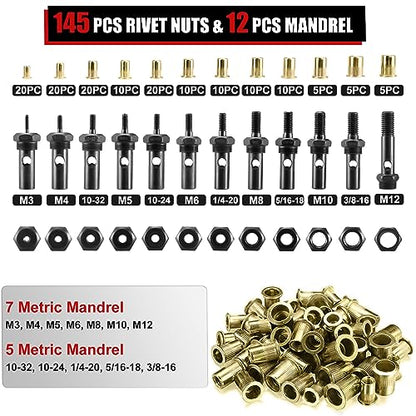 AOBEN 16" Rivet Nut Tool, Professional Hand Rivet Nut Setter Kit with 12 Interchangeable Metric & SAE Mandrels, 145Pcs Rivnuts and Rugged Carrying Case - size: 16" Rivet Nut Tool Kit