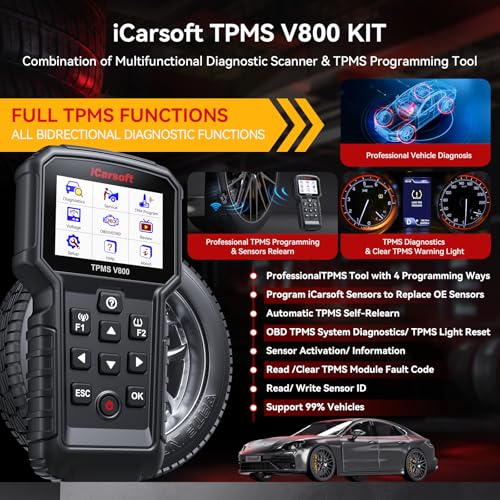 iCarsoft TPMS V800 TPMS Programming Relearn Tool with 4 Sensors -TPMS Reset/Relearn/Activate OBD2 Diagnostic Scanner, Bidirectional All System, Battery Test, AutoVIN, 9 Reset/Basic Set/Adaption