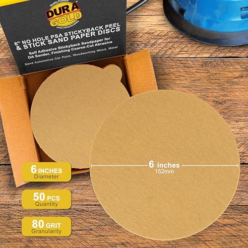 Dura-Gold Premium 6" Gold PSA Sanding Discs - 80 Grit (Box of 50) - Self Adhesive Stickyback Sandpaper for DA Sander, Finishing Coarse-Cut Abrasive - Sand Automotive Car Paint, Woodworking Wood, Metal - size: 80-Grit