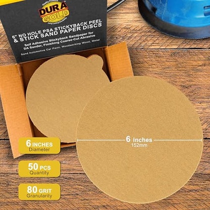 Dura-Gold Premium 6" Gold PSA Sanding Discs - 80 Grit (Box of 50) - Self Adhesive Stickyback Sandpaper for DA Sander, Finishing Coarse-Cut Abrasive - Sand Automotive Car Paint, Woodworking Wood, Metal - size: 80-Grit