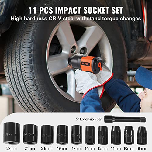VEVOR 1/2-Inch Air Impact Wrench - High Torque 1400 ft-lbs - Lightweight 4.6 lb - Includes 11-Piece CR-V Steel Impact Socket Set & Carrying Case - size: 7*7.3inches
