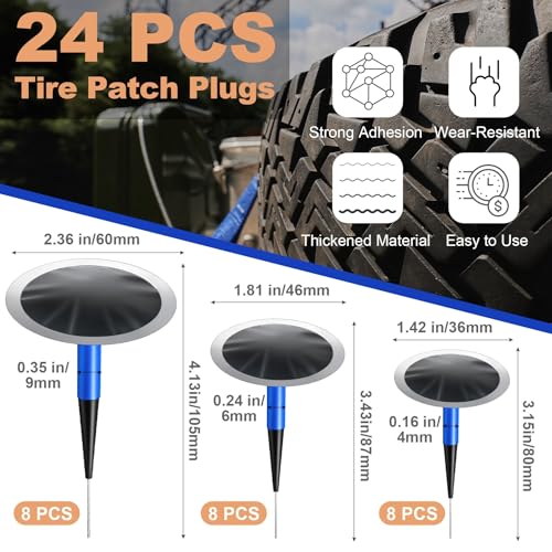 Tire Repair Patch Tool Kit Includes 24PCS Tire Patch Plugs(1.42"&1.81"&2.36"),Tire Patch Roller,Tungsten Buffing Wheel and Twist Drill Bits,Tire Patch Kit for Vehicles