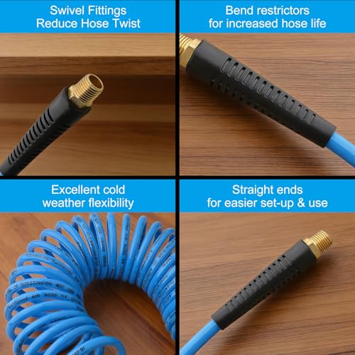Gunpla 19 Pieces Air Compressor Accessories kit, Heavy Duty Air Blow Gun Air Hose Fittings and 150 PSI Tire Inflator Gauge, 1/4 in x 25 ft Recoil Poly Air Compressor Hose Kit