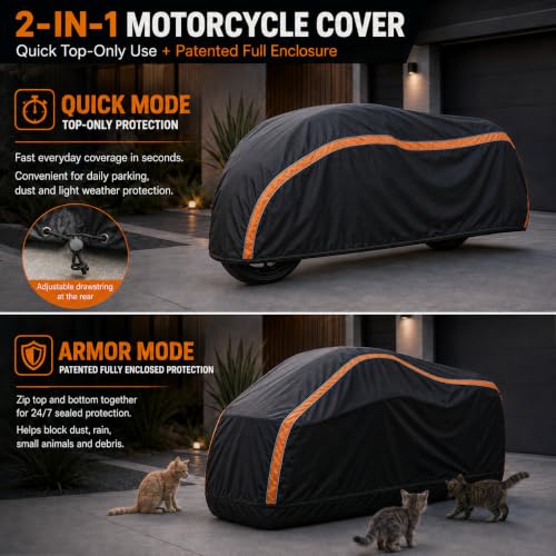 360° Fully Enclosed Motorcycle Cover,All-Season Waterproof Sun-Proof Outdoors Fits Motorcycles,Compatible with Harley Davidson, Honda, Suzuki, Yamaha (XL106X45X59) - size: XL106X45X59