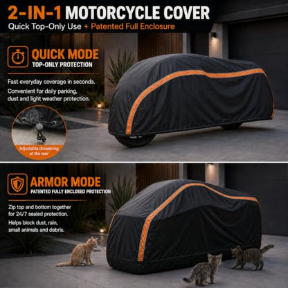 360° Fully Enclosed Motorcycle Cover,All-Season Waterproof Sun-Proof Outdoors Fits Motorcycles,Compatible with Harley Davidson, Honda, Suzuki, Yamaha (XL106X45X59) - size: XL106X45X59