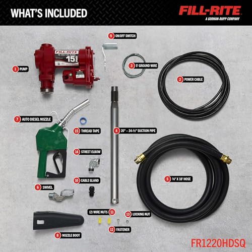 Fill-Rite FR1220HDSQ 12V 15 GPM Fuel Transfer Pump with Discharge Hose, Automatic Nozzle – Green, & Swivel | Gasoline, Diesel, Kerosene, Ethanol Blends, Methanol Blends, & Biodiesel - style: Auto Nozzle & Swivel