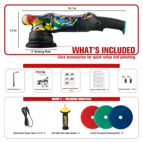 BATOCA P1 Car Buffer Polisher, 1000W High-Torque - 5-Inch 15mm Long-Throw Dual Action Orbital Polisher for Detailing - 6-Speed DA with Anti-Vibration Design & 16.4ft Detachable Cord - Auto, Boat, RV - size: Basic Kit