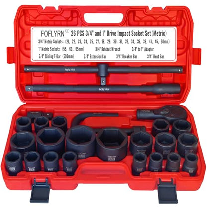 3/4" and 1" Drive Impact Socket Set, 26-Piece,Metric 21-65mm.