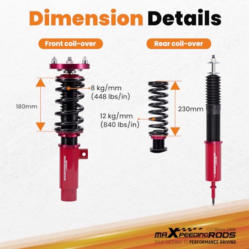 maXpeedingrods Coilovers for BMW 3 Series E90 RWD 2004-2011, for BMW E91 RWD 2004-2012, for BMW E92 RWD 2005-2013, for BMW E93 RWD 2006-2013, Height Adjustable Coilover Suspension Lowering Kit Red