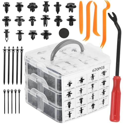 620Pcs Car Retainer Clips & Fasteners Kit – 16 Universal Sizes Nylon Bumper, Fender Rivets, Door Panel Clips, and Plastic Rivets with 10 Cable Ties and Removal Tool for Toyota, Ford, Benz (620pcs) - style: 620pcs