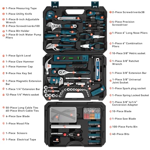 328 Piece Tool Kit For Home,Hand Repair Tool Set,Toolbox Storage Case with Drawer,General Household/Auto Tool Set,Perfect for Homeowner, DIY, Handyman (Blue and black) - color: Blue and Black