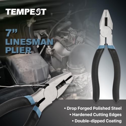 TEMPEST 7-Piece Utility Pliers Set – 8" Groove Joint Plier, 8"/6" Slip Joint, 7" Linesman, 6" Diagonal, 6" & Mini Long Nose, Carbon Steel, Anti-Slip Double-Dipped Handle for Home, DIY, Automotive