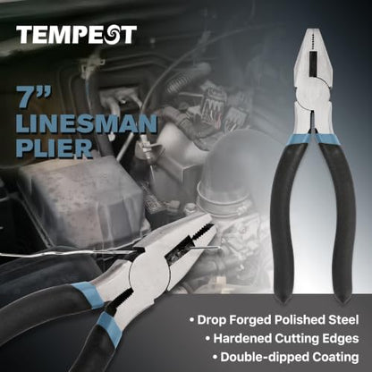 TEMPEST 7-Piece Utility Pliers Set – 8" Groove Joint Plier, 8"/6" Slip Joint, 7" Linesman, 6" Diagonal, 6" & Mini Long Nose, Carbon Steel, Anti-Slip Double-Dipped Handle for Home, DIY, Automotive