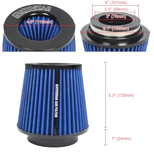KYOSTAR Universal 3/3.5/4" (75/89/100mm) High-Flow Air Filter, Reusable Cone Cold Air Intake, High Performance Clamp-On Car High Flow Dry Air Kit, Flange Diameter: 3/3.5/4 Inch, Height: 6.2 Inch, Blue - color: 3/3.5/4" (75/89/100mm), Blue
