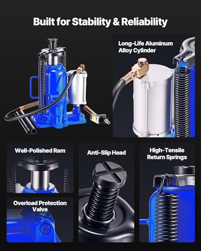 VEVOR Air Hydraulic Bottle Jack, 20 Ton (44092 lbs) Capacity, 10.2-19.5 Inch Lifting Range, Pneumatic/Manual Heavy Duty Welded Bottle Jack with Pump for Car, SUV, Pickup, Truck, RV, Auto Repair - color: blue