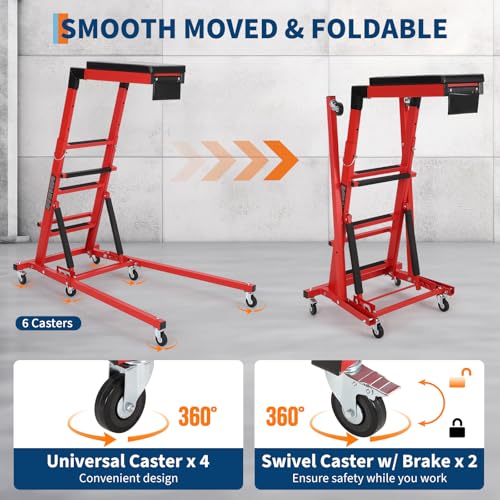 TrailBlaze Topside Automotive Engine Creeper – 400 lbs Capacity – Adjustable Height 48"-66" – Collapsible Heavy Duty Over-Engine with 6 Swivel Casters, Thick Cushion, Tool Pouch – Red Shelf + Black - color: Red+black