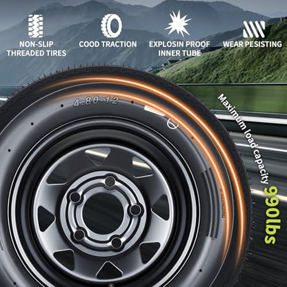 GarveeTech 2-Pack Trailer Tire On Rim 4.80-12 480-12 4.80x12 Trailer Tires and 5 Lug on 4.5 in PCD 12 in Wheels 6PR Black - size: 4.80-12