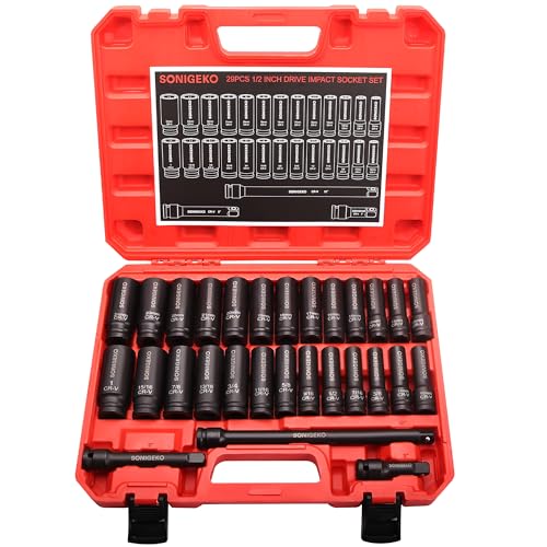 29-Piece 1/2" Drive Impact Socket Set，(3/8"-1", 10mm-24mm) - size: 29 PCS, 1/2" Socket Set, Metric & SAE
