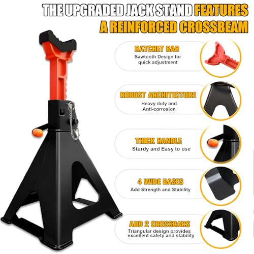 Heavy Duty Car Jack Stands 3 Ton with 2 Crossbars&Double Locking - color: Black+Orange, size: 3 Ton Double Locking with Crossbars