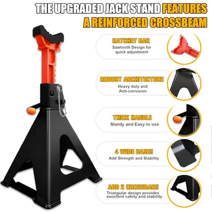 Heavy Duty Car Jack Stands 3 Ton with 2 Crossbars&Double Locking - color: Black+Orange, size: 3 Ton Double Locking with Crossbars