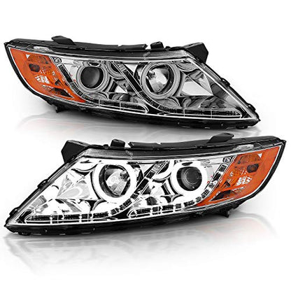 AmeriLite for 2011-2015 Kia Optima Halogen Model Xtreme LED Halo Rings Projector Chrome Replacement Headlights Set - Driver and Passenger Side - color: Chrome