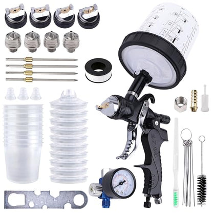 HVLP Spray Gun Kit, 4 Nozzles,10 Disposable Paint Cup System,Black - color: black