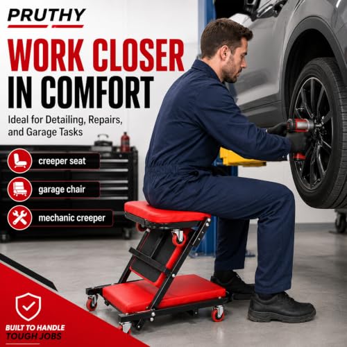 Mechanic Creeper Folding 2-in-1 Rolling Seat All-in-One Adjustable Roller Garage Creepers Automotive, Lay Down or Sit, Car Roller Creeper with 6 Swivel Casters