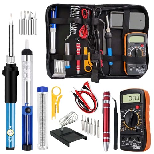 Soldering Iron Kit with Digital Multimeter,60W 110V Adjustable Temperature,5 Tips, Desoldering Pump, Wire Stripper,Carry Case-Electric Soldering Set for Electronics Repair,PCB,Arduino,DIY