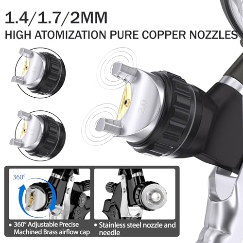 HVLP Air Spray Gun with 1.4/1.7/2mm Nozzles & Air Compressor Regulator, Air Spray Paint Gun w/10pcs 600cc Mixing Cup and Lids, Automotive Paint Sprayer for Car, House Painting, Furniture - color: Black