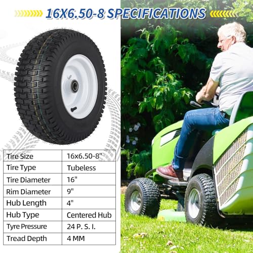 GICOOL 16x6.50-8 Tubeless Tire and Wheel, 【1" Bearing, 4" Centered Hub】,16x6.5-8" Lawn Mower Tires, Universal Fit Riding Mower and Garden Tractor Front Wheels, 4 Ply, V-Turf Pattern, 2 Pack - size: 16x6.50-8 Tubeless (4" Centered Hub,1" Bore)