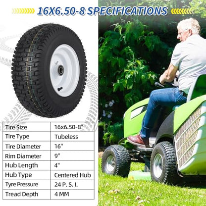 GICOOL 16x6.50-8 Tubeless Tire and Wheel, 【1" Bearing, 4" Centered Hub】,16x6.5-8" Lawn Mower Tires, Universal Fit Riding Mower and Garden Tractor Front Wheels, 4 Ply, V-Turf Pattern, 2 Pack - size: 16x6.50-8 Tubeless (4" Centered Hub,1" Bore)