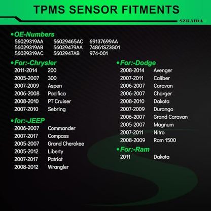 315MHZ Pre-Programmed TPMS Sensor Fits for:-Jeep Wrangler 2008-2012 Grand Cherokee 2005-2007 Compass for:-Dodge Charger 2006-2007 Durango Grand Caravan for:-Chrysler 200 OE#56029319AB 4PCS - size: 56029319AB