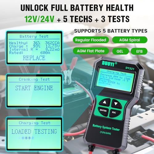 DUOYI DY221 Car Battery Tester, 12V 24V Digital Automotive Alternator Meter Diagnostic Tool,100-2000 CCA Load Capacity, Charging & Cranking Analyzer for Cars, Trucks, Motorcycles, Vans, RVs, Boats...