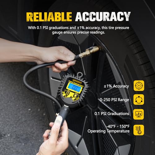 BUNKER INDUST Digital Tire Inflator with Pressure Gauge, Heavy Duty Air Chuck and Compressor Accessories with Built-in Top Light and Quick Connect Coupler, 0-250 PSI