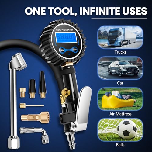 Digital Tire Gauge with Inflator & Deflator - LED Display & 0.1 PSI Resolution - Quick Release Valve & Heavy Duty Chuck - w/Adapter for Car, Truck, SUV, Motorcycle, RV, Balls - size: Upgraded
