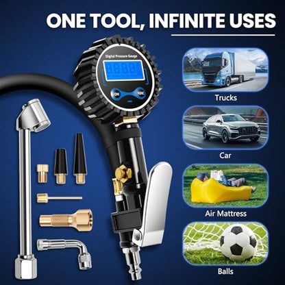 Digital Tire Gauge with Inflator & Deflator - LED Display & 0.1 PSI Resolution - Quick Release Valve & Heavy Duty Chuck - w/Adapter for Car, Truck, SUV, Motorcycle, RV, Balls - size: Upgraded