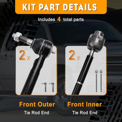 4Pcs Heavy-Duty Front Inner & Outer Tie Rod End Kit for 2007-2013 Chevy, GMC & Cadillac, Fits EV800084 ES800223, Premium Steering Parts for Restore Tight Steering & Eliminate Wobble - size: EV800084 ES800223 (4Pcs)