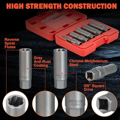 5PCS Deep Bolt Extractor Kit, Easy Out Spark Plug Extractor Socket Set, Ez Out Lug Nut Removal Tool for Removing Deeply Trapped Stripped, Broken, Damaged Hexagon Bolts, Threaded Pipes Stud & Screw