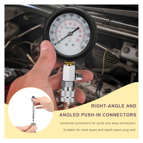 Compression Tester Kit, 0-300 PSI Petrol Engine Cylinder Pressure Test Tool with Hose & Adapters, Small Engine Compression Gauge Tool Set for Testing Car Motorcycle Snowmobile
