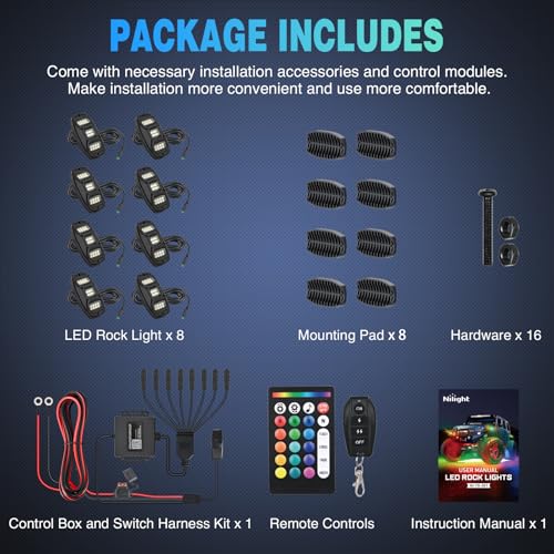 Nilight RGBW LED Rock Lights Kit 8 Pods 22 LEDs Wide Angle Lighting - color: RGBW 22LED, size: 8 Pods