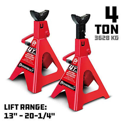 Powerbuilt 4 Ton Ratchet Jack Stands, Wide Stance Stability, Vehicle Car Lifting Range 13-Inches to 20-1/4-Inches (33cm-51cm), 1 Pair (2 Pack) - 647529 - size: 4 Ton